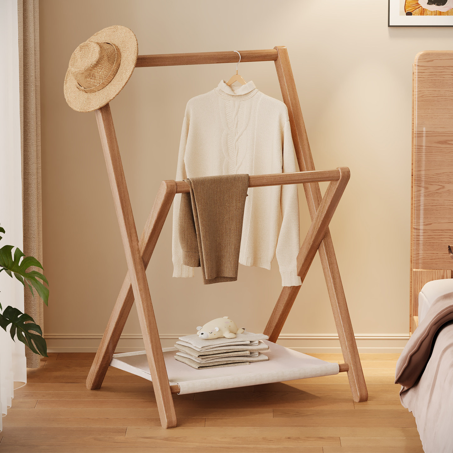 实木挂衣架落地卧室衣帽架原木风房间不占空间晾衣架床边放衣神器