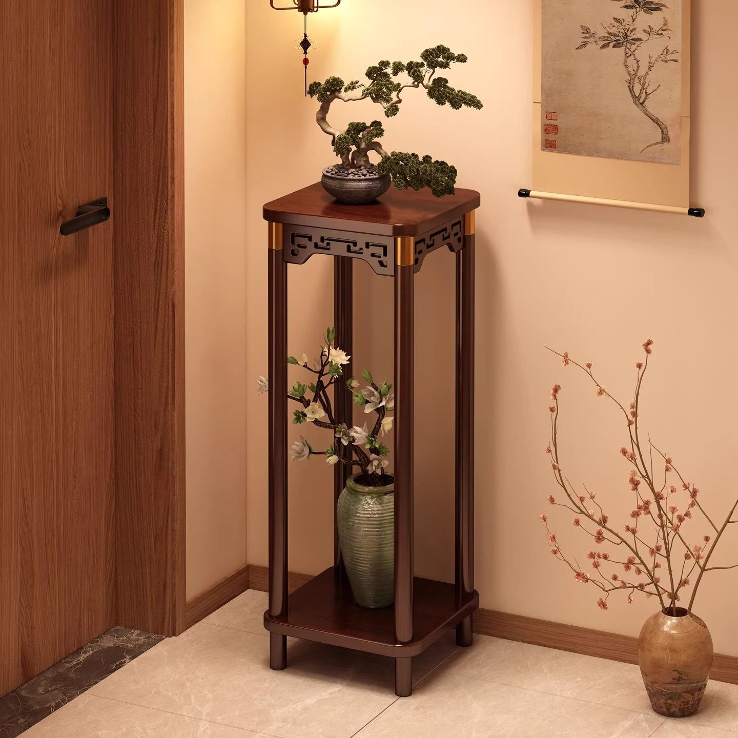 中式花架子客厅落地式置物架室内多层花台绿植花盆奇石鱼缸摆放架