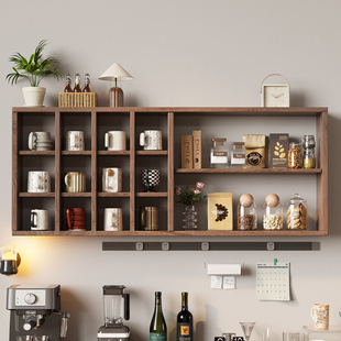 实木格子置物架咖啡角收纳壁挂架开放多宝阁墙上茶杯子展示架杯架