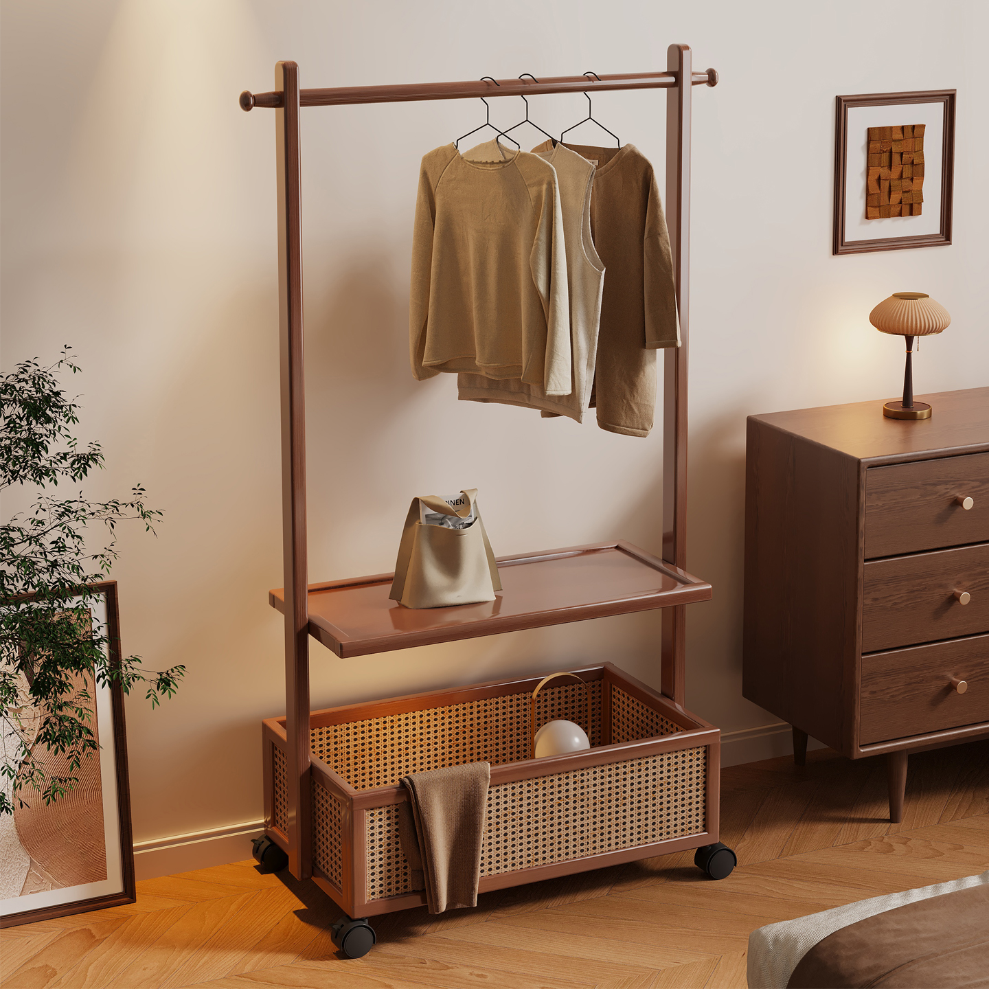 挂衣架落地式卧室衣帽架家用简易中古床边晚上衣服收纳移动置物架