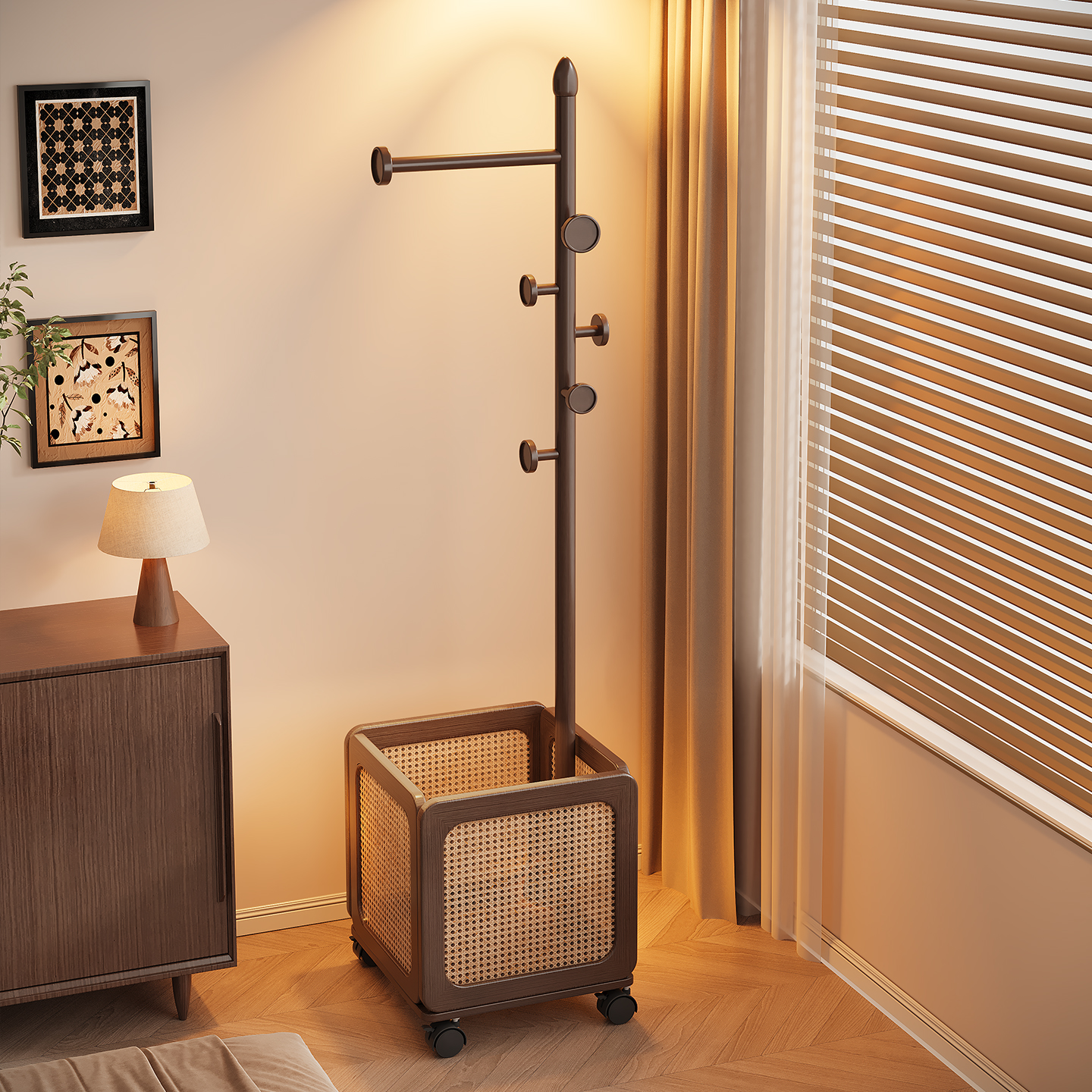 实木挂衣架落地卧室衣帽架中古风室内可移动脏衣篓衣服挂架置衣架