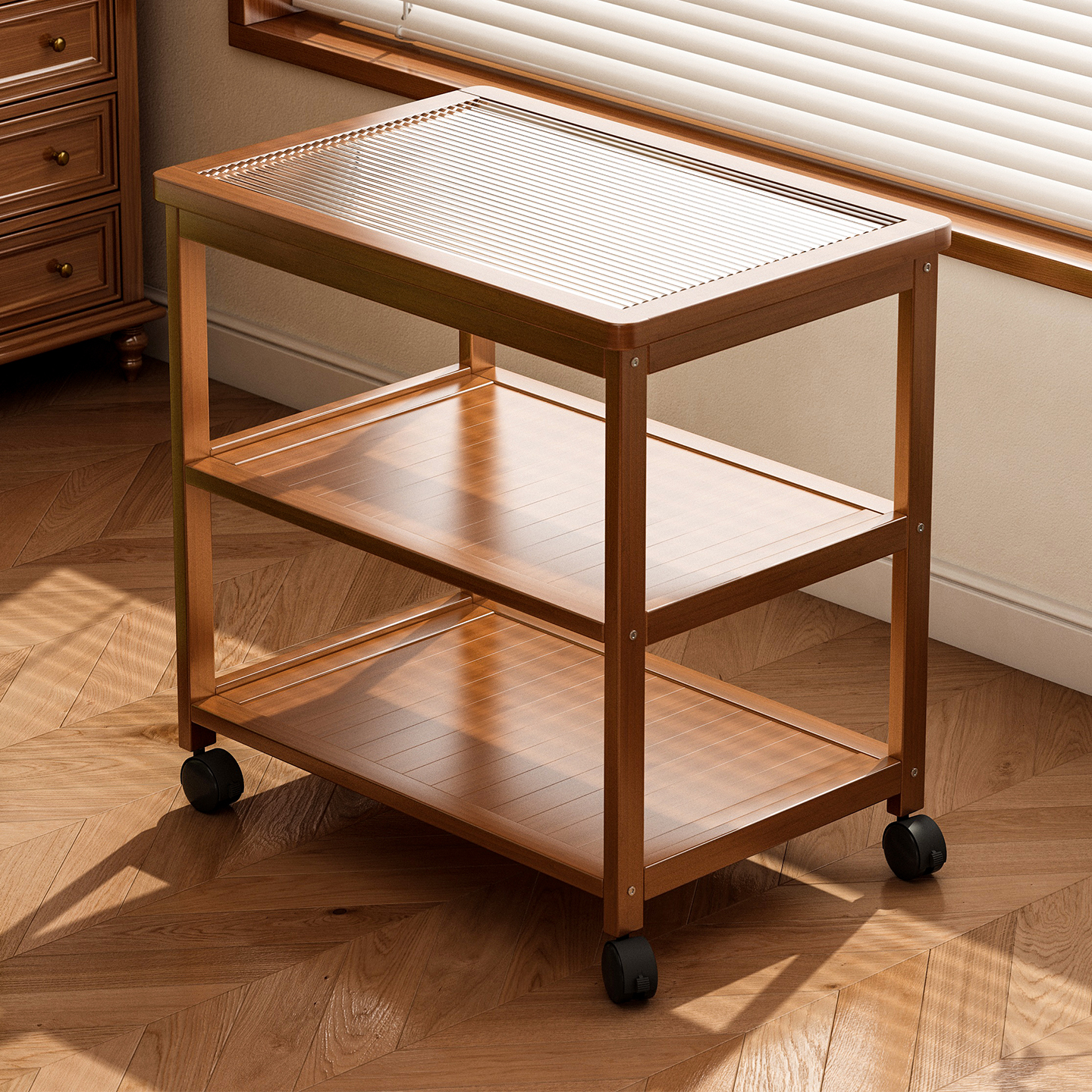 移动置物架玻璃小推车带轮茶几