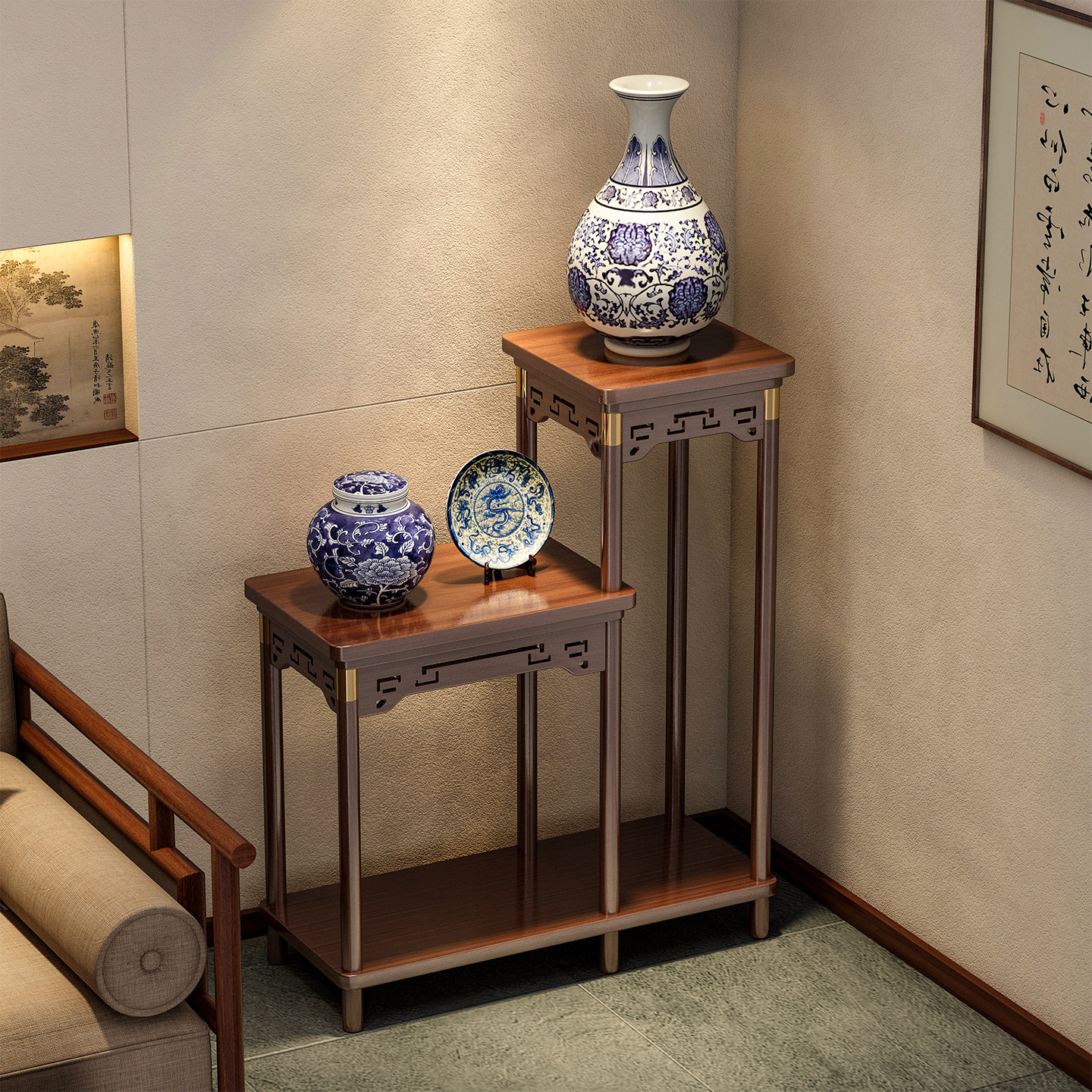 新中式高低花几落地式客厅奇石盆景架室内工艺品装饰摆件展示架子