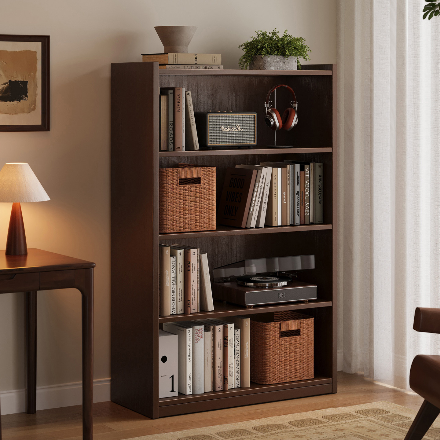 松木实木书架置物架家用收纳储物柜一体靠墙客厅书房简易展示柜子