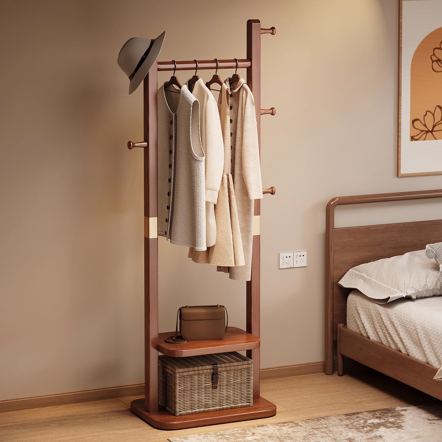 实木衣架落地卧室挂衣架家用立式衣服收纳架子室内房间置物衣帽架