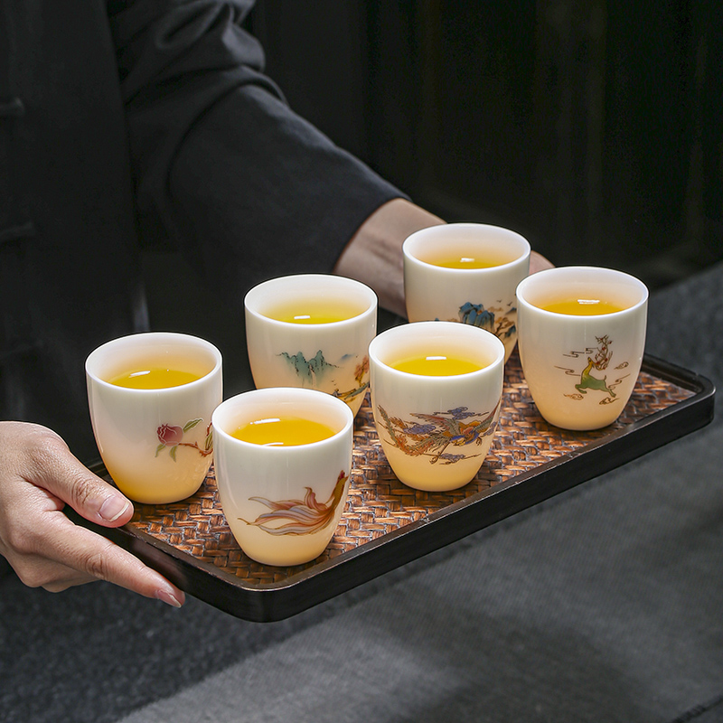 家用办公羊脂玉陶瓷功夫茶杯100ml白瓷6只8只装多图案泡茶杯带碟
