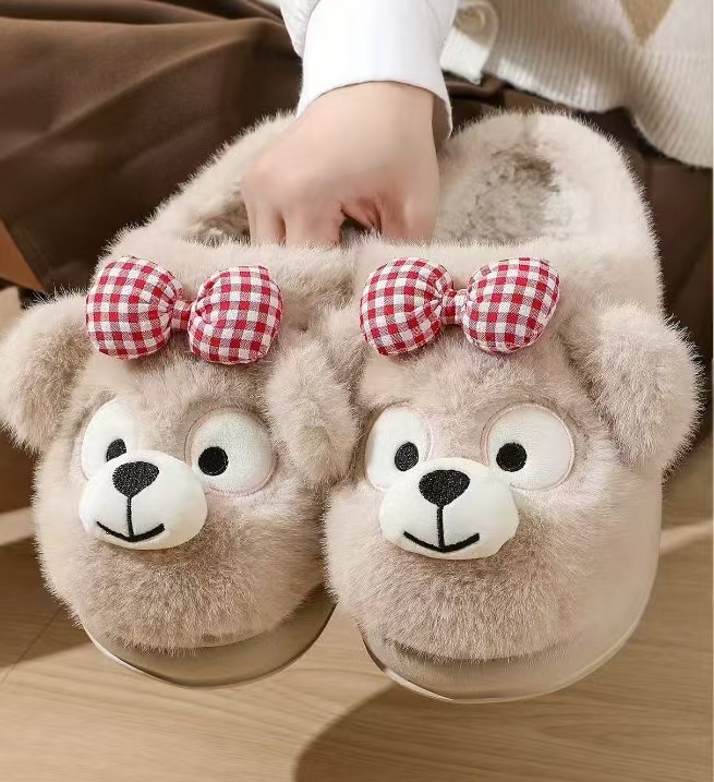 沐谷达菲熊可爱毛绒包头棉拖鞋女冬季外穿新款居家加绒保暖毛毛拖
