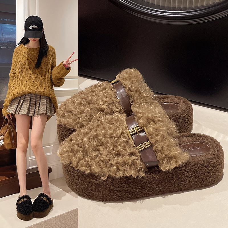 羊羔卷卷毛茸茸4公分包头棉拖鞋