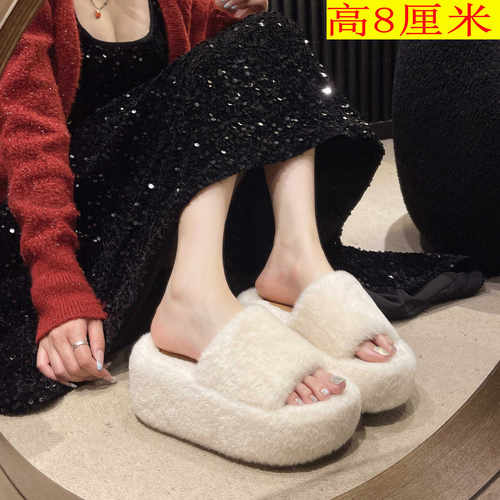 大码414243脚宽脚胖毛毛拖鞋女外穿2026秋冬新款厚底毛绒一字棉拖