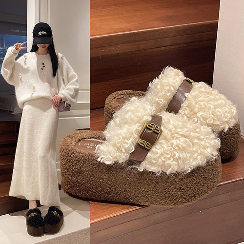 羊羔卷卷毛茸茸松糕防滑居家棉拖