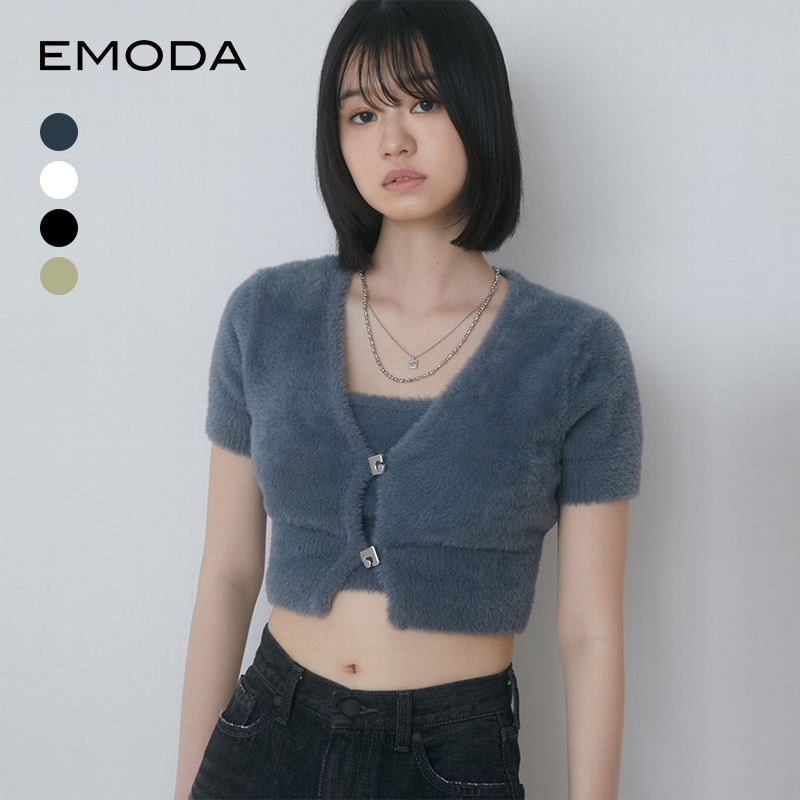 EMODA夏季新款小香风高级感短袖毛绒针织开衫两件套0424426701