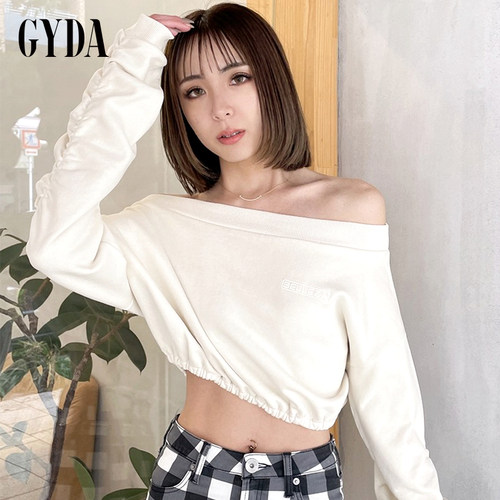 GYDA夏季清凉露肩茶系穿搭一字肩修身御姐风长袖上衣0723127022