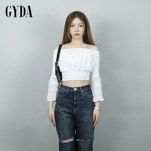 GYDA2024秋季高级简约喇叭袖一字肩褶皱收腰短上衣0724404318