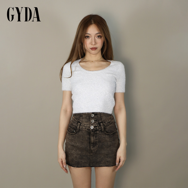 GYDA2024秋季新款紧身显瘦时尚绒感半袖针织短上衣0724426315