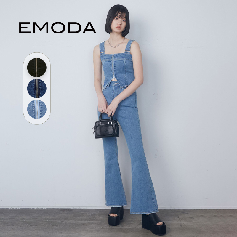 EMODA2024春季时尚显瘦背带中拉链露脐微弹连体牛仔裤0424203703