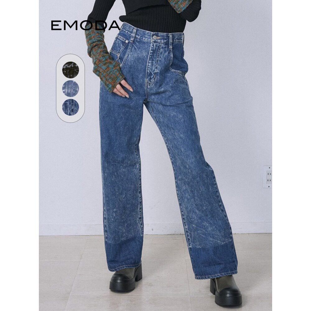 EMODA牛仔裤2023年秋季新款高腰宽松简约个性设计雪花纹长裤