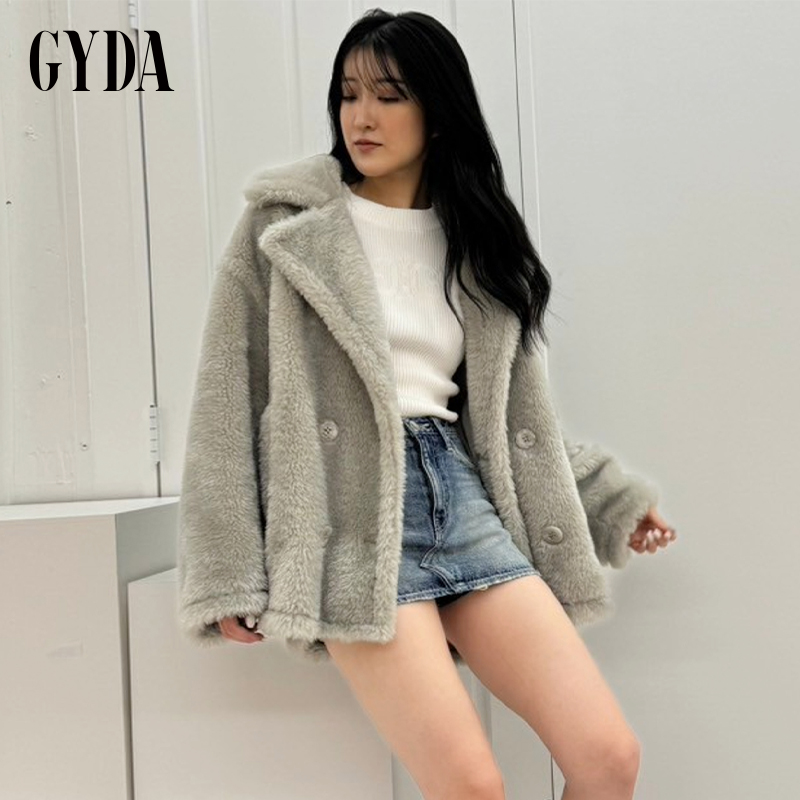 GYDA2024冬季新品黑色百搭通勤甜酷仿皮草廓形大衣女士0724602867