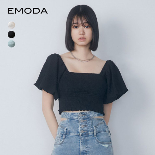 EMODA2024夏季优雅风高级感质感尚打揽褶皱花苞袖上衣0424327011