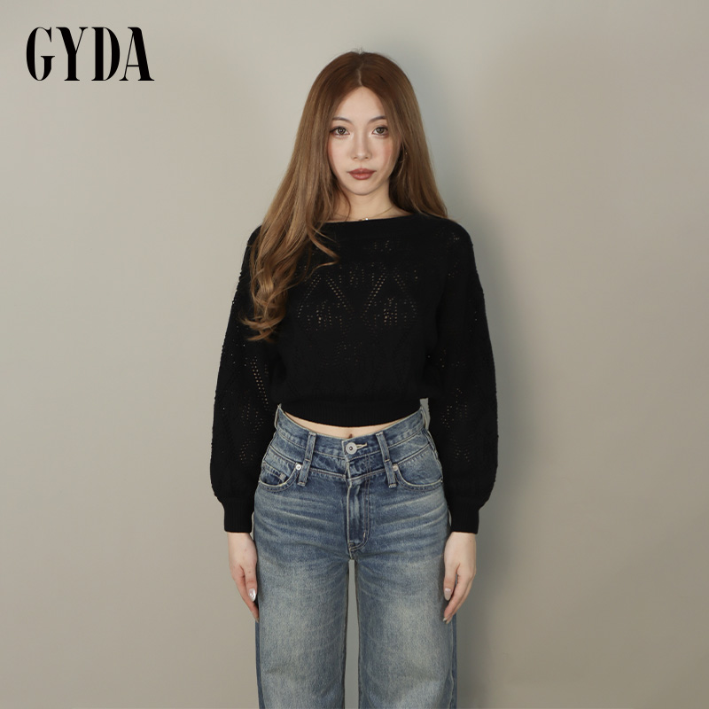 GYDA2024秋季新款慵懒风休闲孔眼一字肩针织上衣0724426458