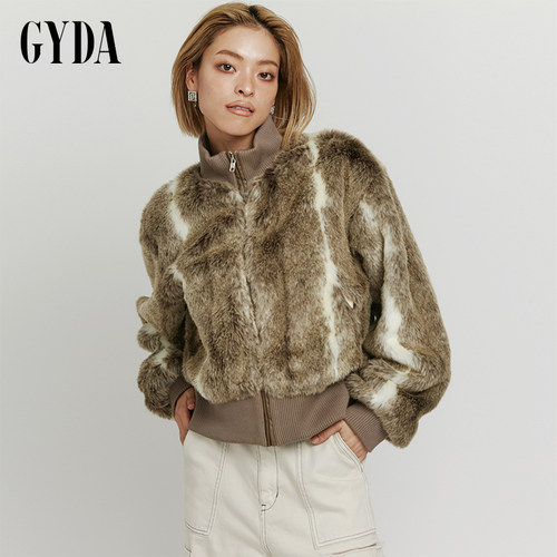 GYDA2024秋冬休闲减龄小众仿皮毛罗纹拼接短款外套0724600435