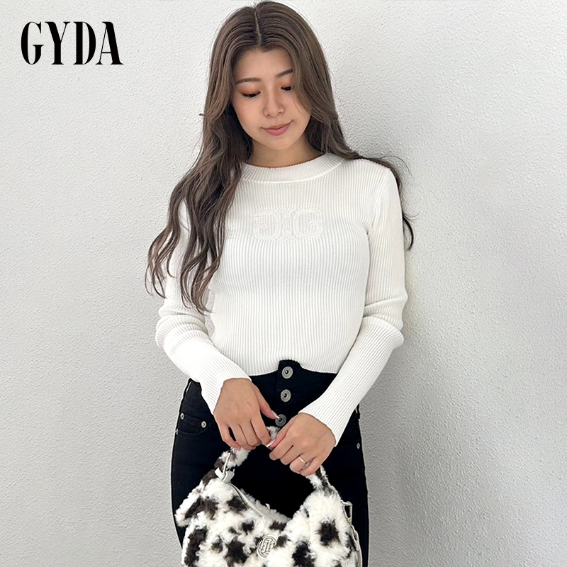 GYDA2024冬季新品紧身折扣现货LOGO刺绣坑条针织上衣女0724626439