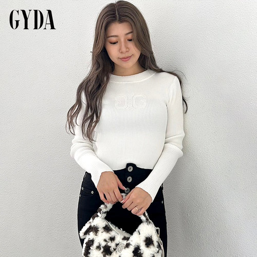 GYDA2024冬季紧身折扣现货LOGO刺绣坑条针织上衣女0724626439