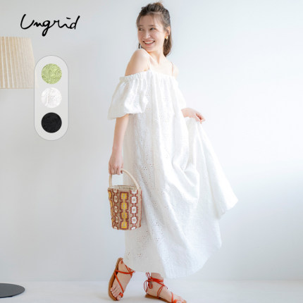 Ungrid2024春季法式优雅气质镂空一字肩吊带连衣长裙1124203802