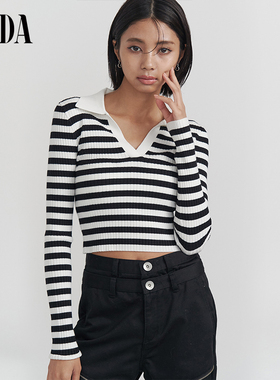 GYDA2025年春季新品学院风POLO领条纹短款针织衫上衣女0725126301