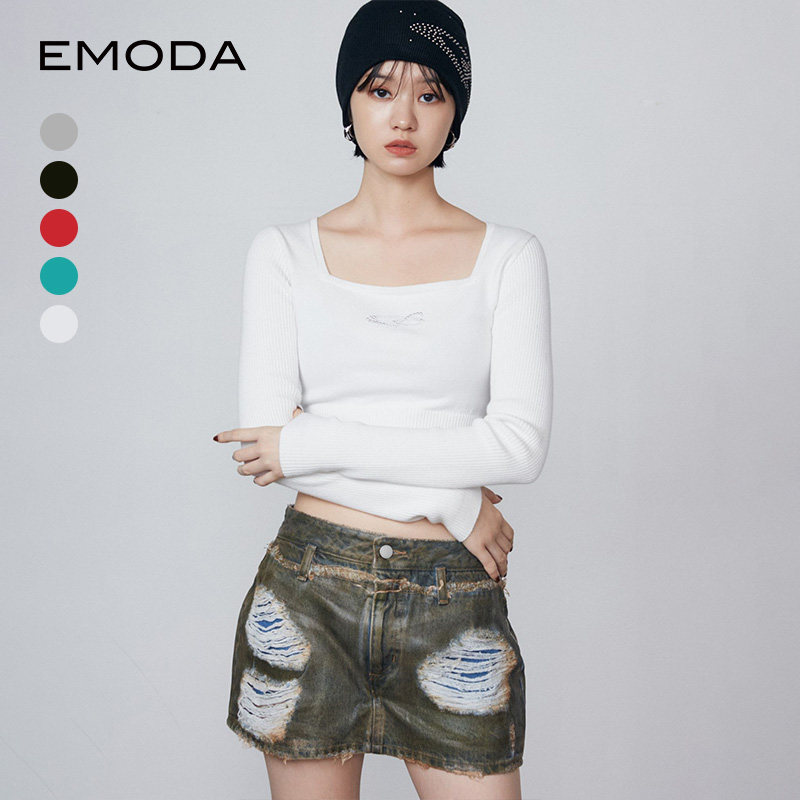 EMODA2025年春季新品简约百搭刺绣低领长袖针织上衣女0425126701