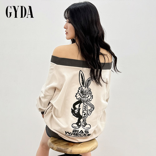 GYDA2025冬季宽松小众BUNNY刺绣可两穿V领上衣女士0725127002