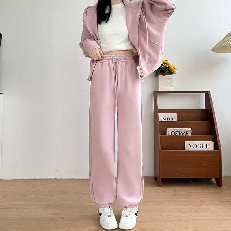 加绒加厚运动裤女冬季宽松直筒显瘦百搭2024新款春秋粉色束脚卫裤