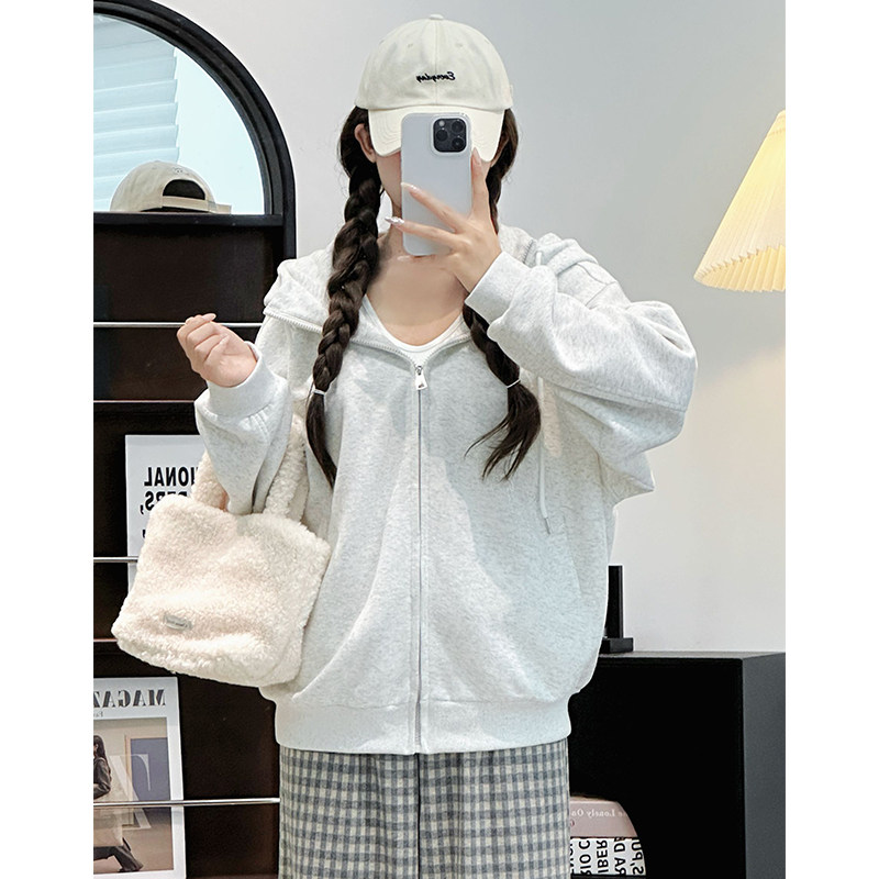 美式浅灰色卫衣女秋季2025新款复古连帽外套宽松慵懒百搭开衫上衣