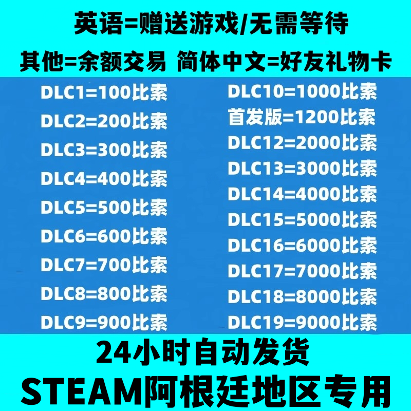 阿根廷区Steam钱包码100 ARS充值卡200 300 500 1000比索账户余额交易无需密码点卡【自动秒发】售货亭直充冲