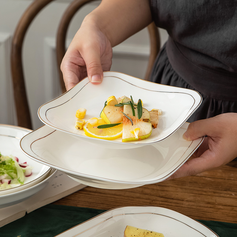 格仕嘉深盘陶瓷大众方形金线菜盘