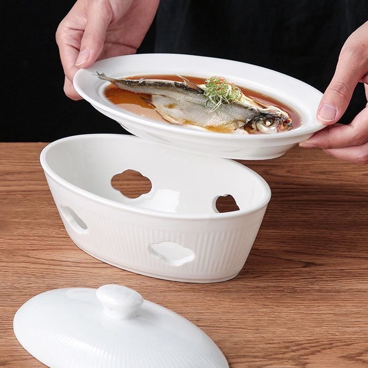 陶瓷椭圆形浅盘加炉座条纹汤盘有盖鱼盘加旦形蜡烛酒精炉座保温盘,餐饮具,盘,淘宝优惠券,粉丝福利购,淘宝优惠卷