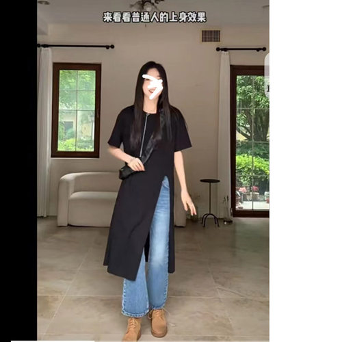 九九呢 纯棉黑色圆领下摆开衩宽松显瘦长款短袖T恤裙女夏季新款