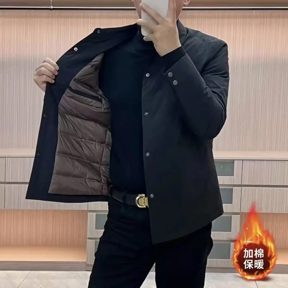 新款男士秋冬季轻薄棉服翻领纯色百搭商务帅气休闲保暖男外套加棉