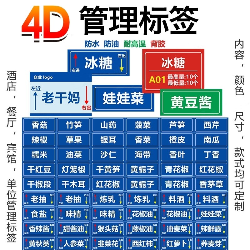 4d厨房管理标识标签粘贴分区饭馆酒店工具提示语清洗桌面学校墙上
