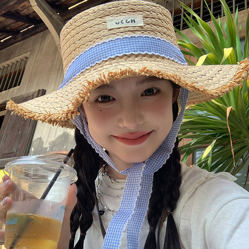 法式平顶编织拉菲草帽女大帽檐夏季海边防晒遮阳帽太阳帽海边帽子