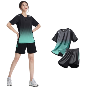 跑步运动套装女2025新款速干衣健身衣服羽毛球服胖mm大码短袖短裤