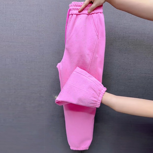 小个子粉色萝卜裤女2026春季新款高腰显瘦美钻宽松减龄束脚九分裤