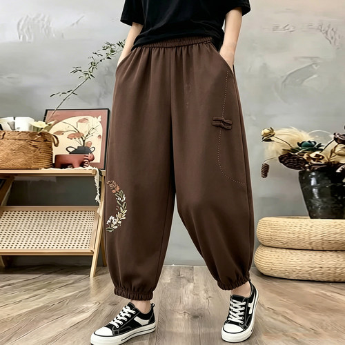 咖色高腰刺绣宽松版休闲哈伦裤