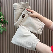 女小个子宽松束脚显瘦百搭束脚九分萝卜裤 春季 米白色水洗棉休闲裤