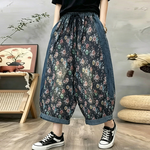 中年妈妈垂感彩花八分阔腿牛仔裤