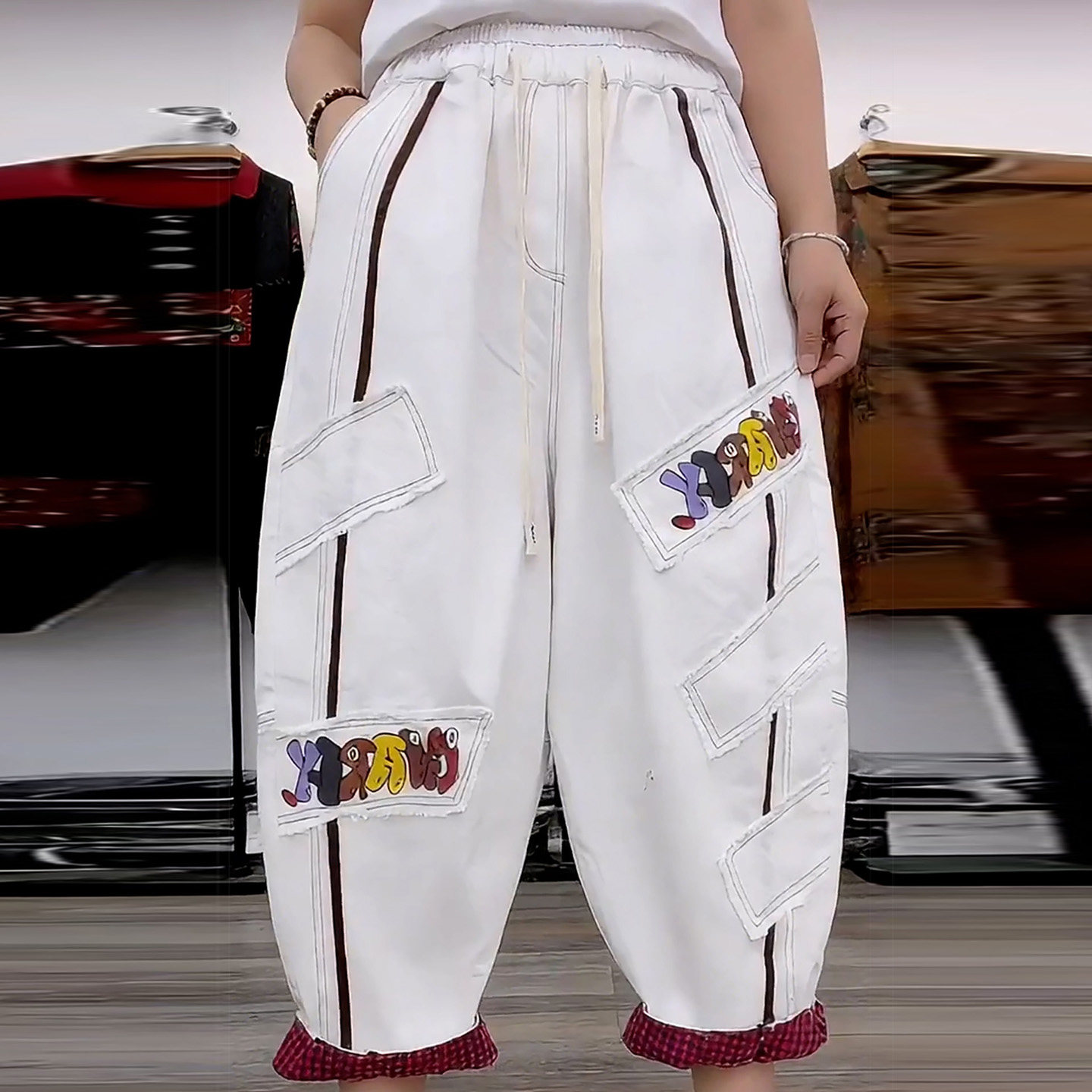 韩版彩色字母牛仔哈伦裤女春季小个子梨形身材宽松柔软舒适九分裤