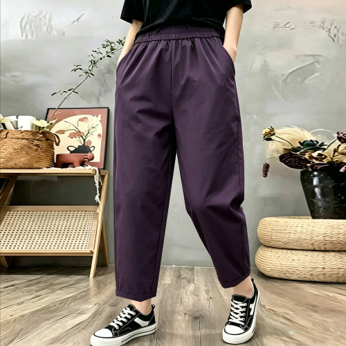 紫色高腰薄款宽松速干九分休闲裤