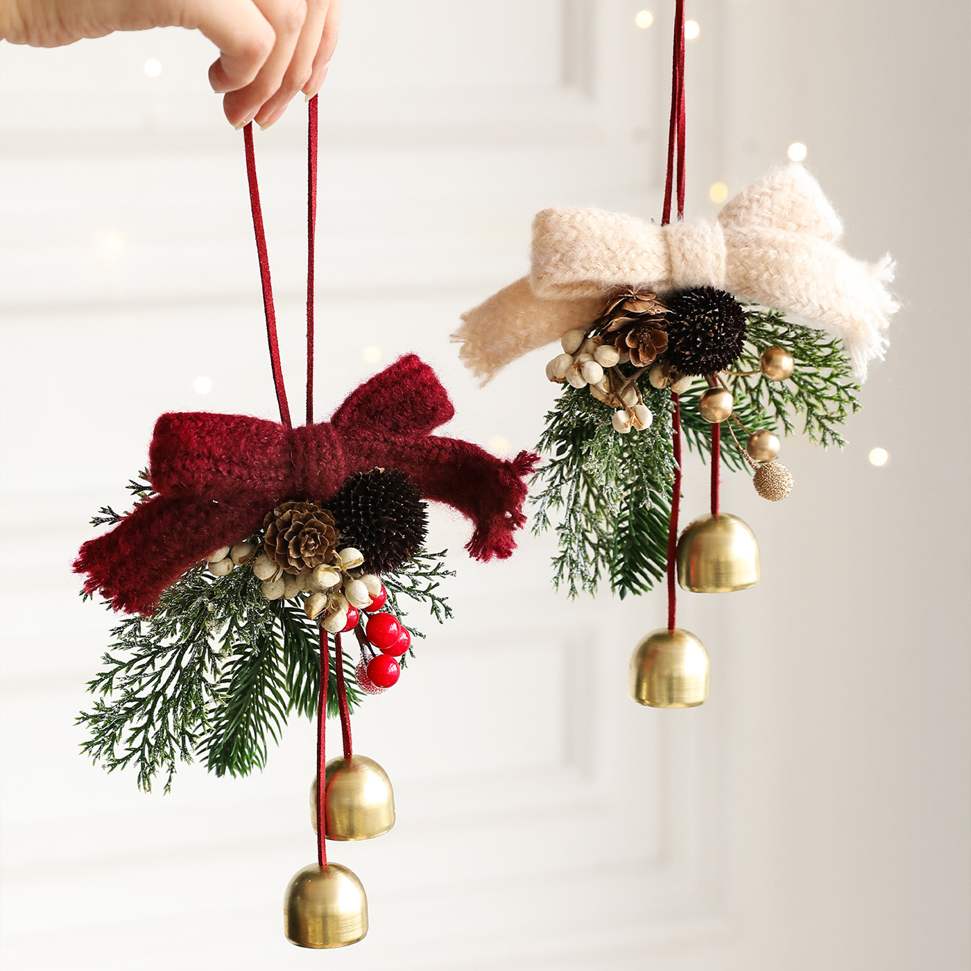 Christmas trees ornaments small bells bows pine cones decor
