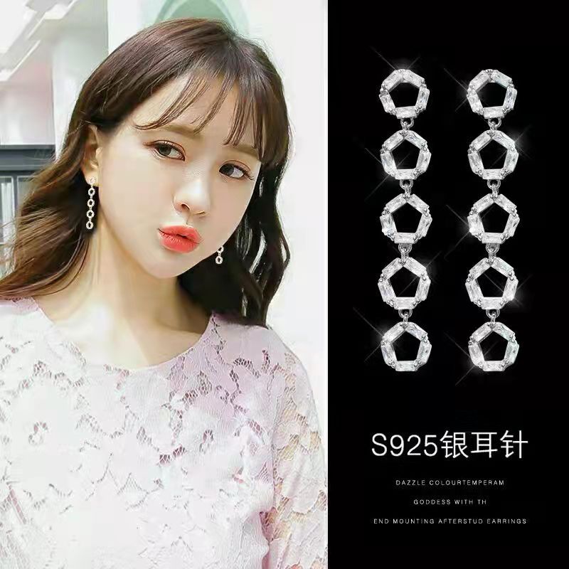 s925银耳环女气质韩国个性百搭长款圆圈吊坠超仙网红耳坠纯银耳钉