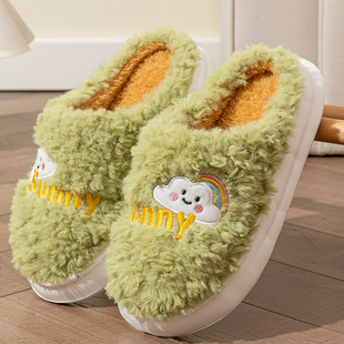 秋冬季新款月子棉拖鞋女毛毛绒情侣家居家用厚软底保暖防滑外穿男