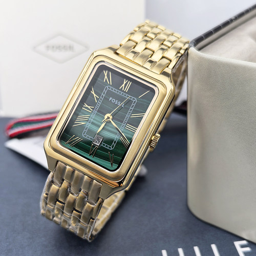 FOSSIL金色孔雀绿小方表石英女表